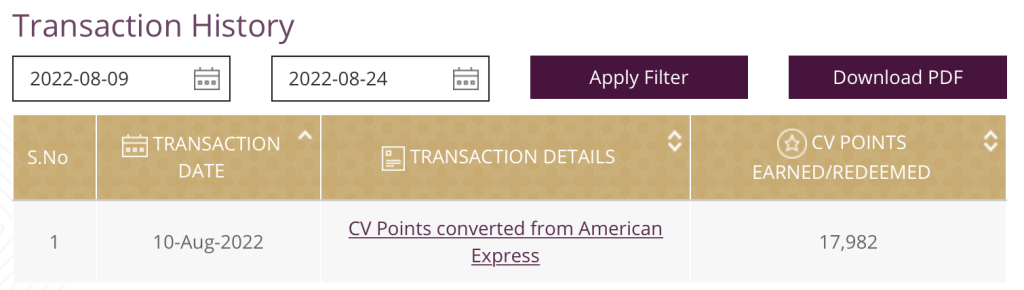 Vistara Transaction History