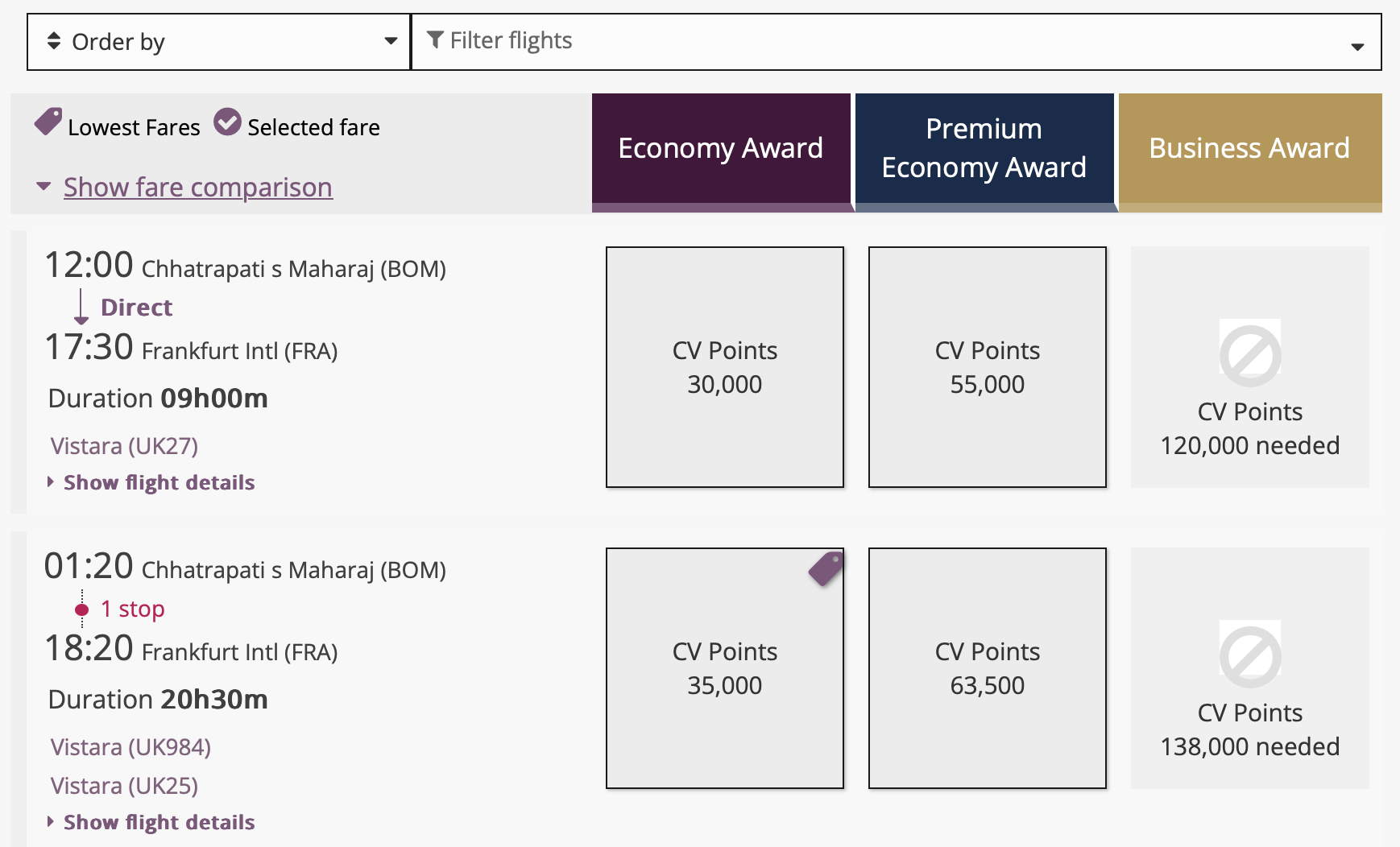 Class Selection of Club Vistara