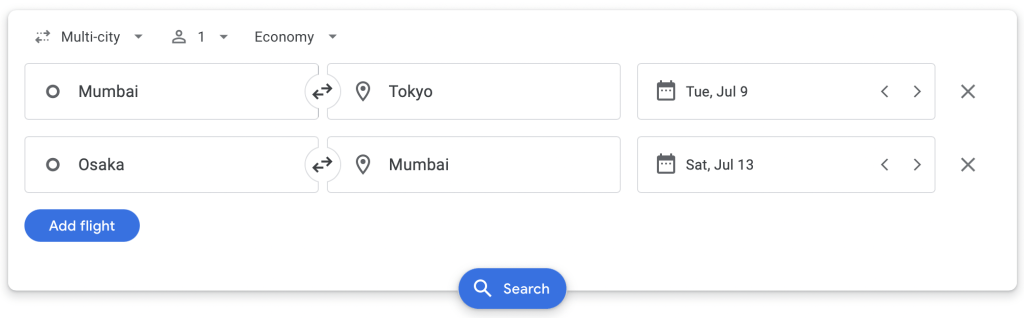 Multi-city booking via Google Flights with cash