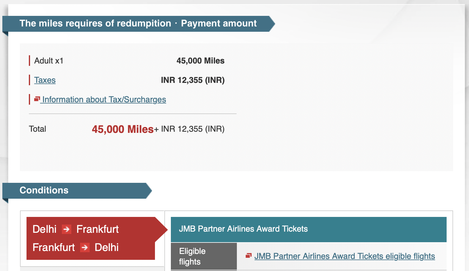 JAL Mileage for Delhi - Frankfurt Round Trip