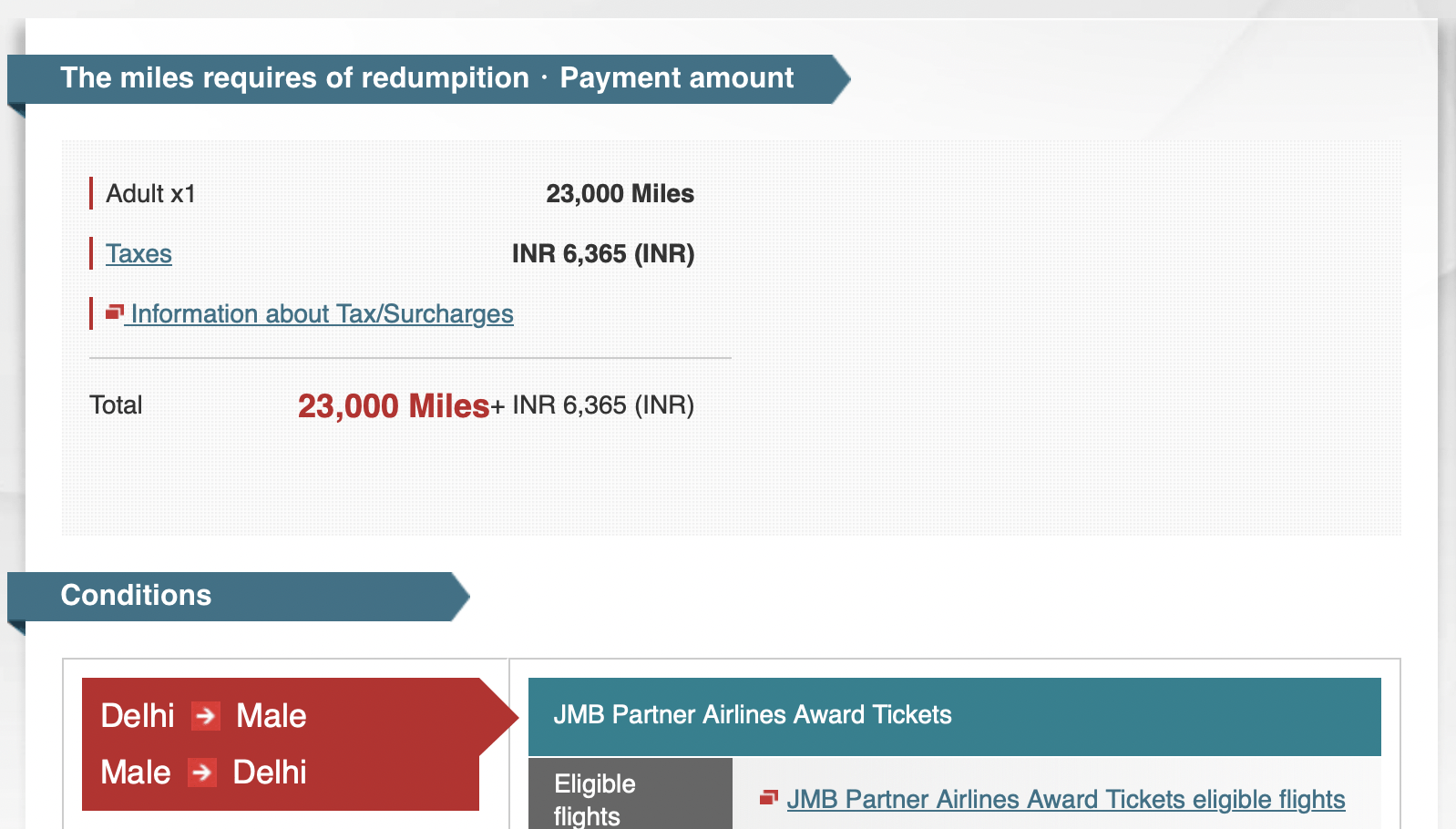 JAL Mileage for Delhi - Male (Maldives) Round Trip