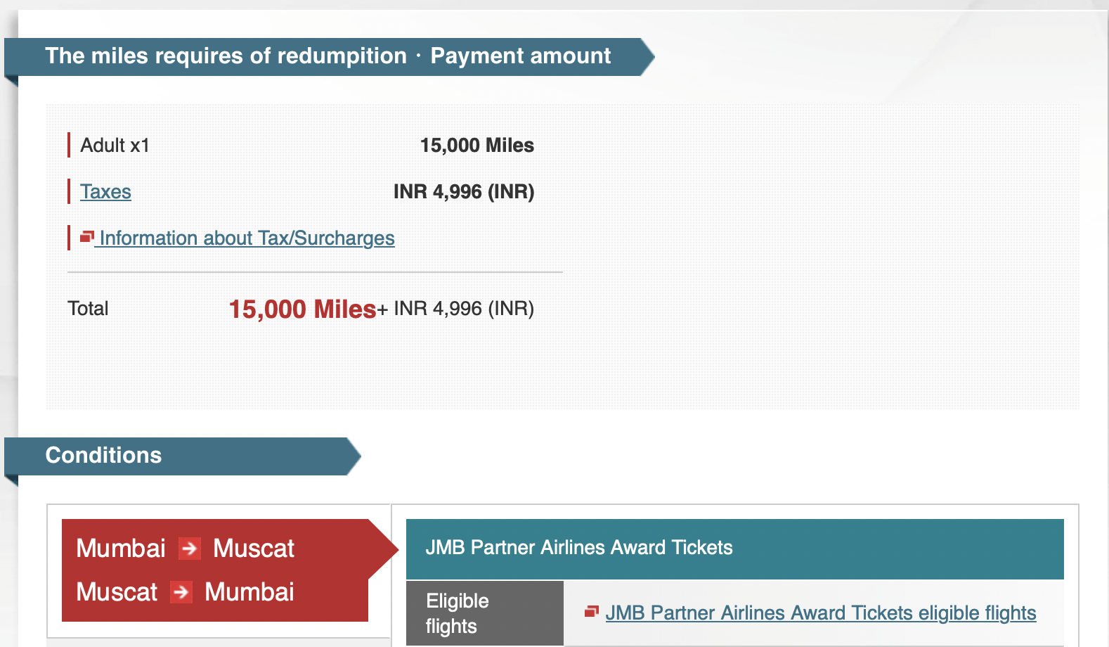 JAL Mileage for Mumbai - Muscat Round Trip