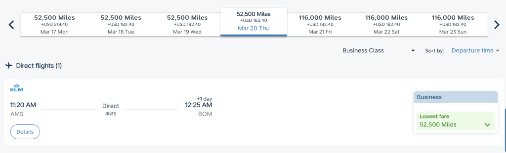 Amsterdam to Mumbai - Flying Blue Promo - Business Class