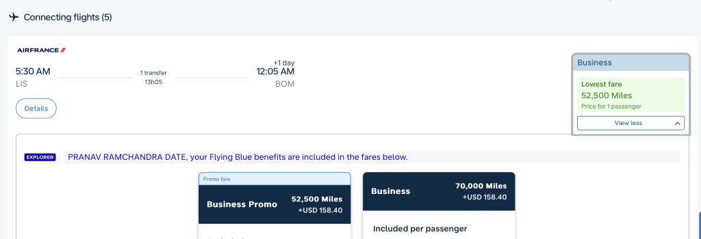 Lisbon to Mumbai - Flying Blue Promo - Business Class